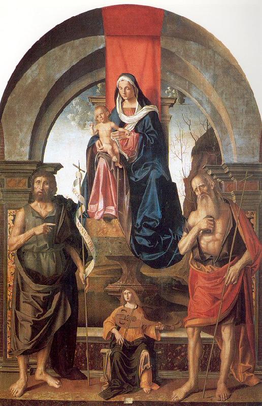 Palmezzano, Marco Virgin and Child Enthroned between Saints John the Baptist and Jerome Sweden oil painting art